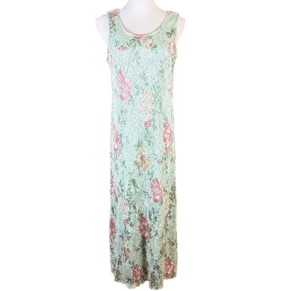 Shair Aide II Vintage Floral Lace Maxi Dress Green Pink Sleeveless Sz 10 486611
